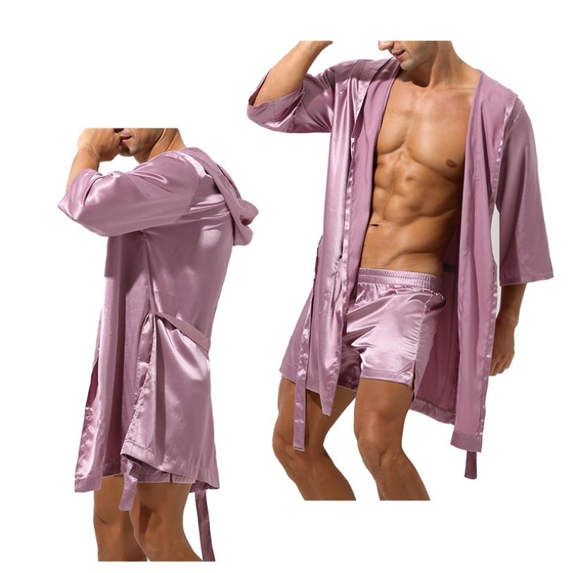 Мужской шелковый атласный пижамный комплект с коротким рукавом, кимоно, кардиган и шорты, одежда для сна, домашняя одежда