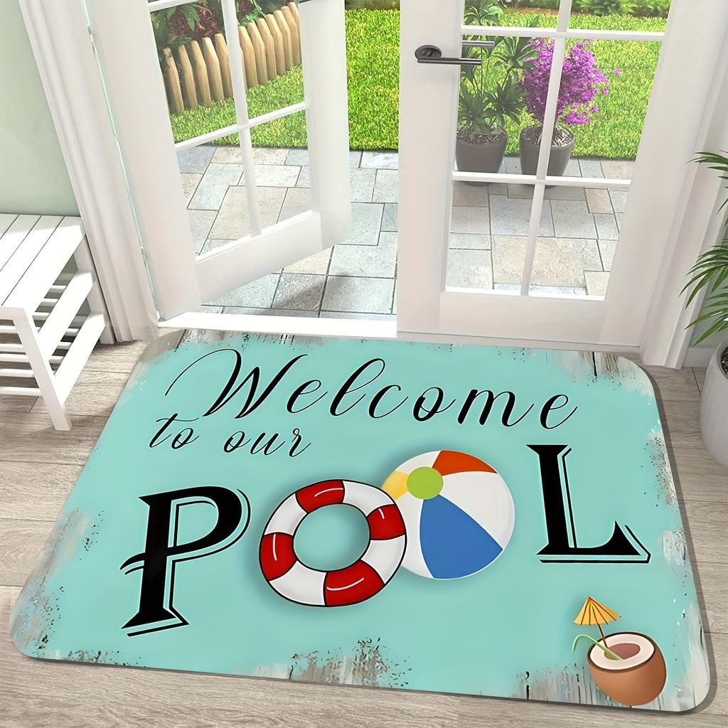 1pc Welcome to My Pool Suitable for Living Room, Bedroom, Kitchen Floor Mat - Ultra-Soft Flannel with Pool-Themed Lettering, Machine Washable Suitable