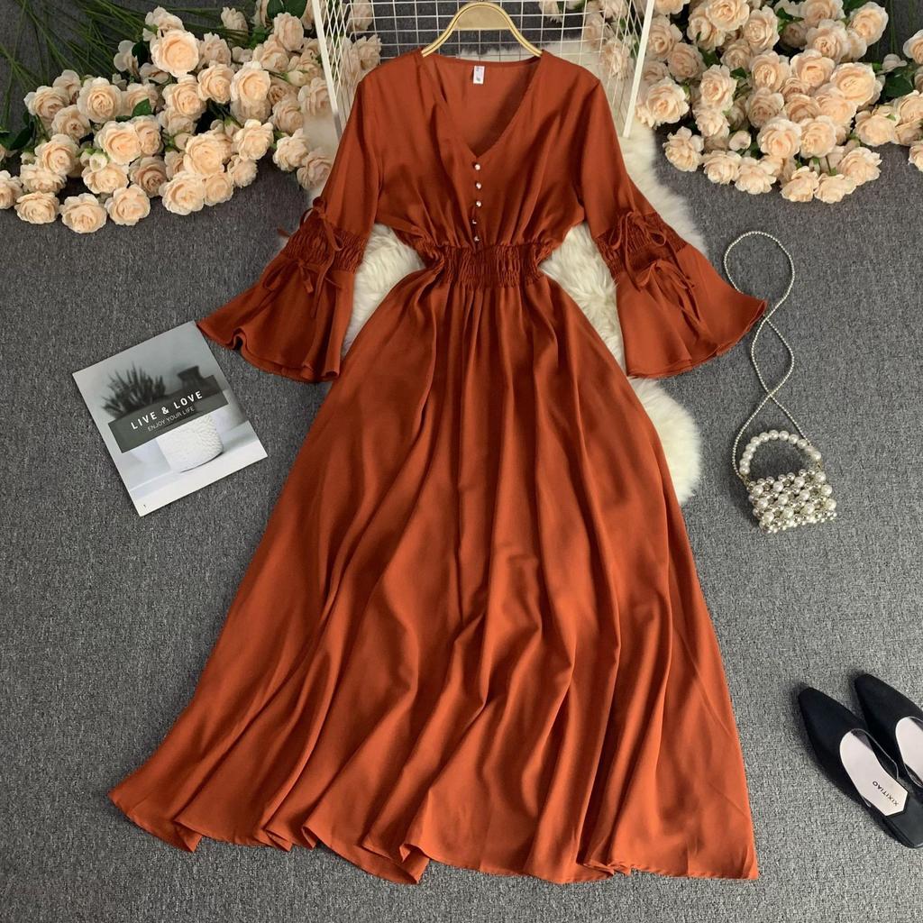 Длинное платье весна-осень для женщин, элегантное, с V-образным вырезом, расклешенными рукавами и высокой талией, праздничное, пляжное, макси-платье