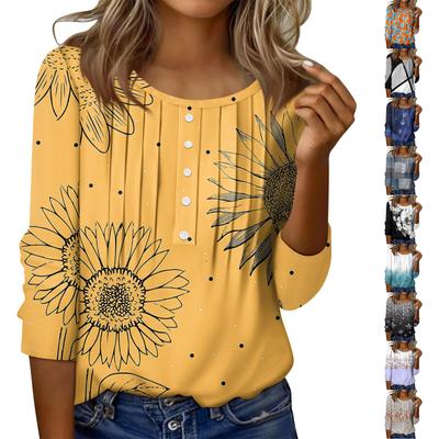 Женский топ с круглым вырезом, декоративными пуговицами и полосками, повседневная футболка однотонного цвета с рукавом 3/4