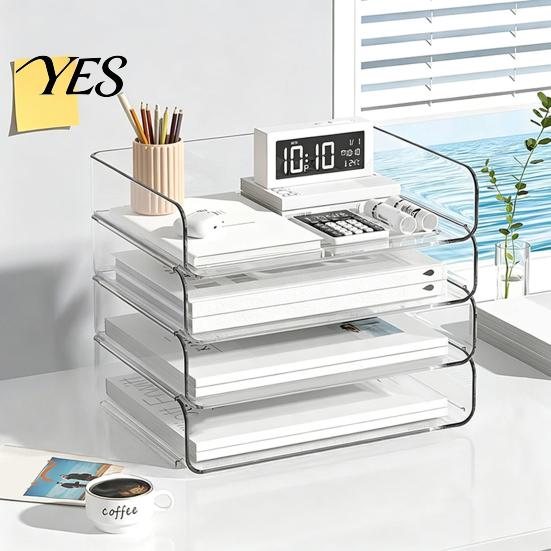 Clear Plastic Desk Organizer Large Capacity for Documents Files Letters A4 Paper Book Notes Mail, Layered Archive Rack Workstations Stackable