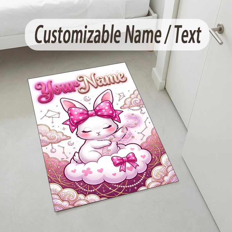 Easter Bunny Theme Crystal Velvet Rug Personalized Custom Name Text Soft Floor Mat Home Decor