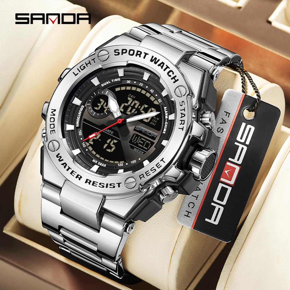 SANDA 3363 Роскошные мужские электронные часы Многофункциональные для активного отдыха и спорта Водонепроницаемые Светящиеся светодиодные мужские электронные часы