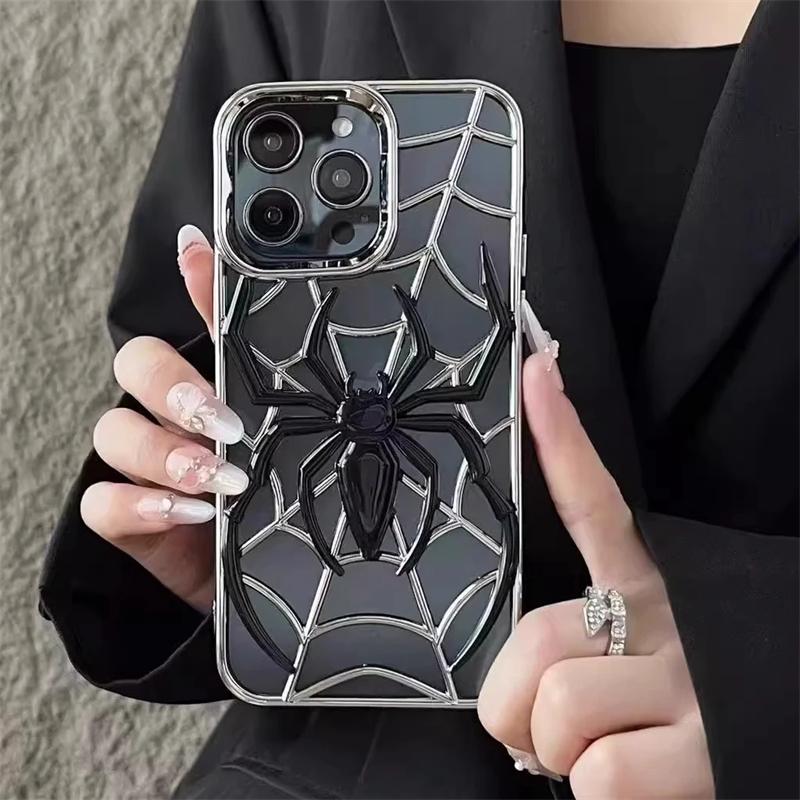 Забавный 3D Полый Чехол-Паук для iPhone 16 15 14 13 12 11 Pro Max Мягкий ТПУ с Покрытием Теплоотводящая Крышка для iPhone 14 15 16 Plus