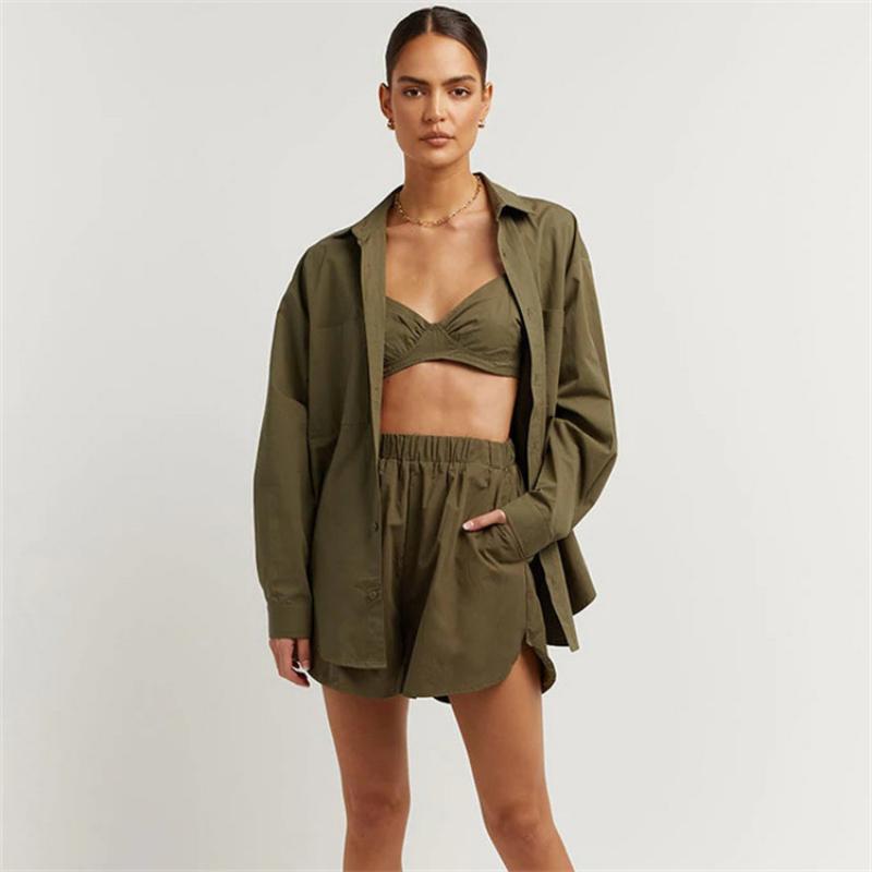 Рубашка с шортами, женский повседневный свободный кардиган с длинным рукавом, пижамный комплект из 3 предметов, осенний винтажный элегантный шикарный классический базовый пижамный комплект, домашняя одежда