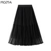 MOJTA Summer Women's High Waist Mid-length A-line Skirt Thin Pleated Mesh Skirt