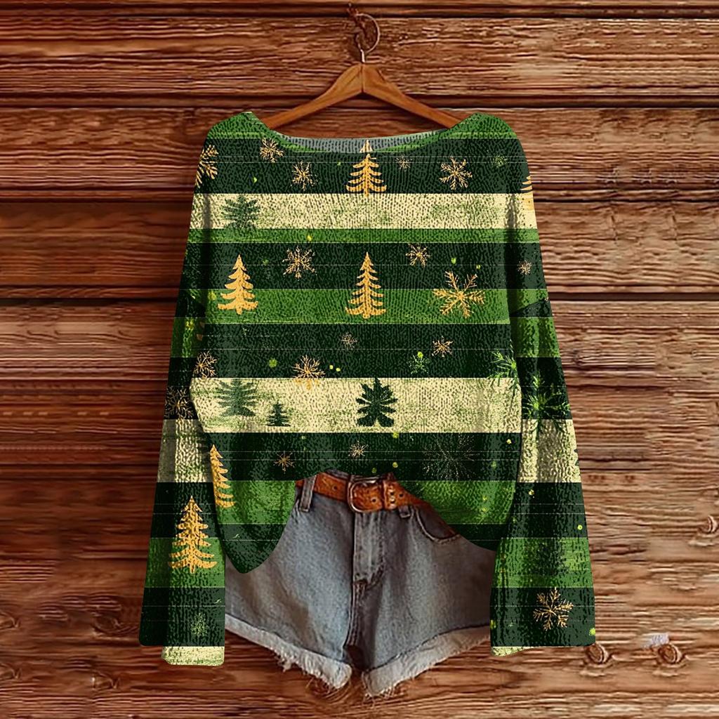 Women's Christmas Print Lightweight Sweater Casual Long Sleeve Knitted Pullover