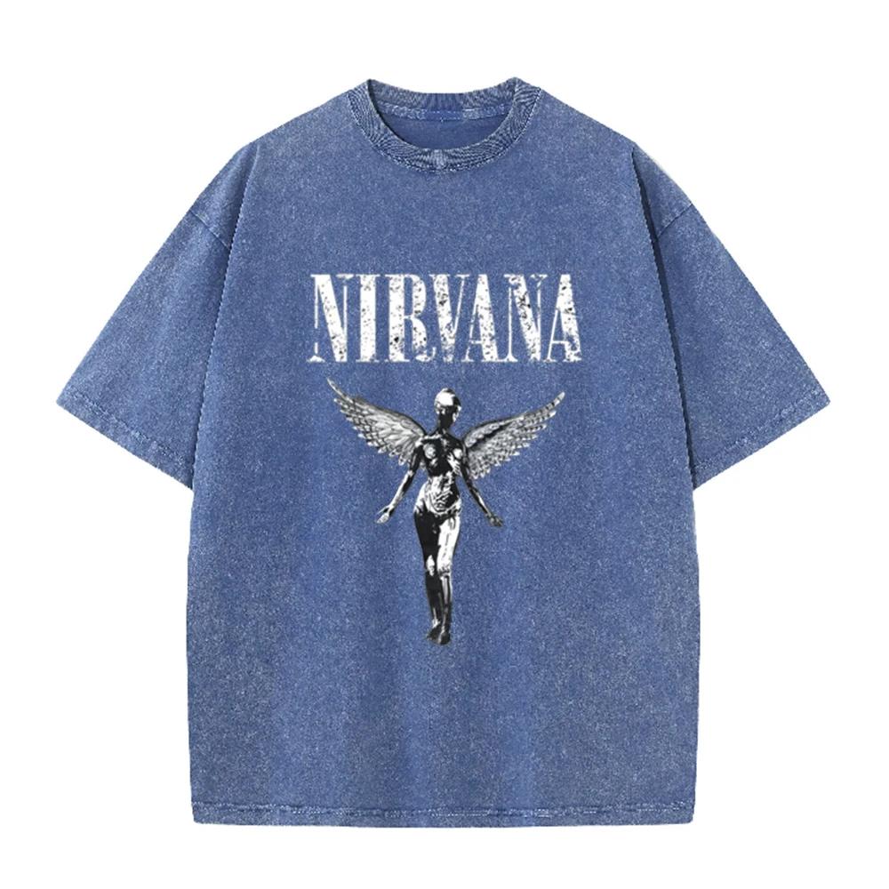 Винтажная стираная футболка Nirvana Панк-рок Серебряный Ангел Череп Принт Свободный Короткие рукава