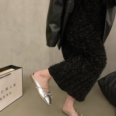 Серебристые полушлепанцы с плоской подошвой и мягким верхом, для улицы, новая весенне-летняя модель, с бантом, одинарные туфли Мэри Джейн