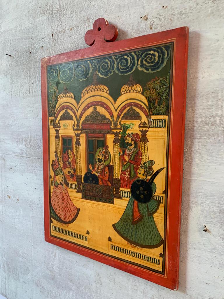Hand-Painted Royal Portrait: Indian King & Queen Wood Frame Wall Decor