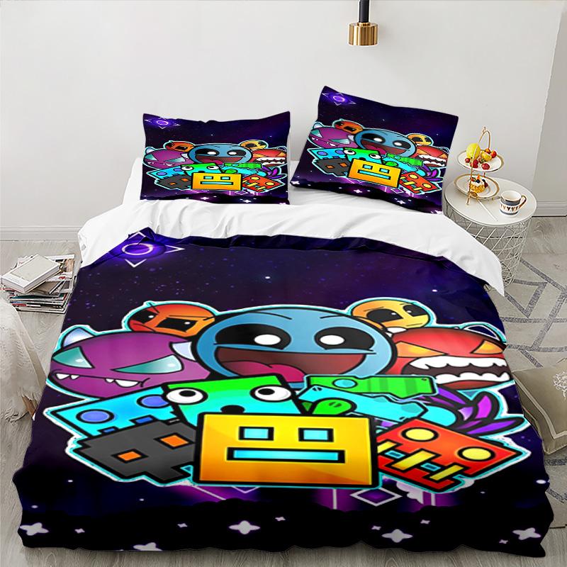 Colorful Geometry Dash Characters 3PCS Bedding set,Ideal for 1pc Duvet Cover And 2pcs Pillowcases Perfect for Fan gift,Ideal for Bedroom, Dormitory