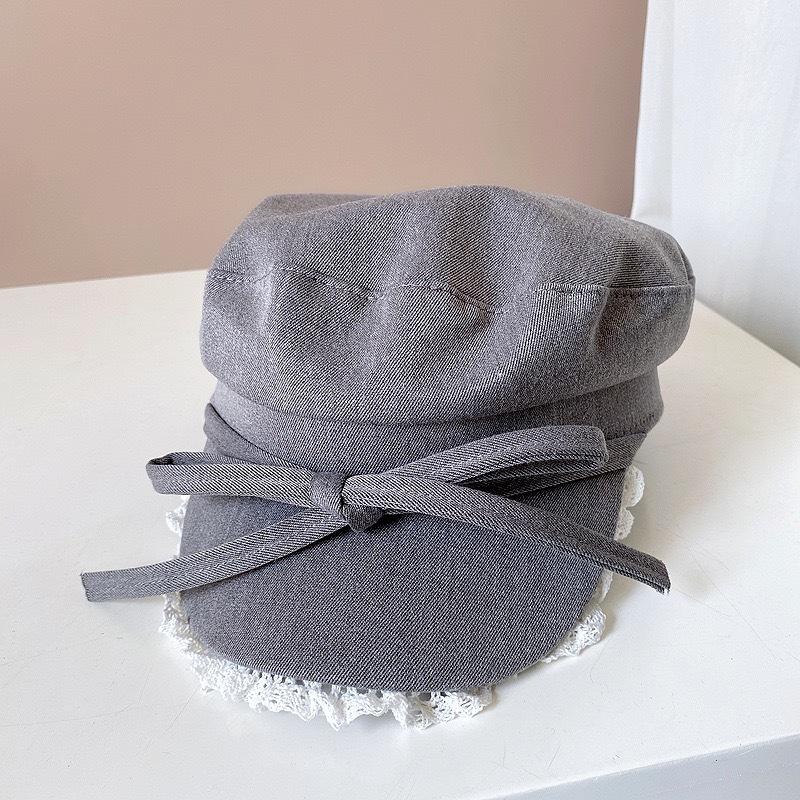 Ins Niche Bow Lace Strap Flat Top Berets Cap Spring and Summer Travel Sweet Universal Sun Protection Retro Newsboy Hats Women