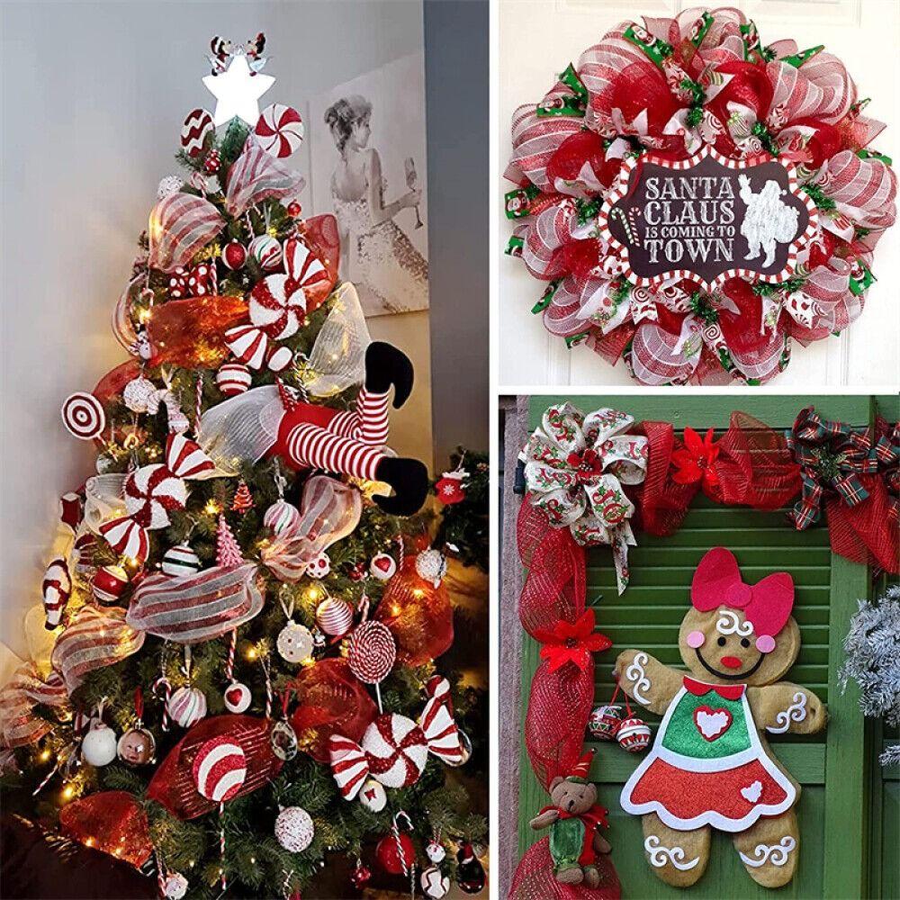 Red & White Net Yarn Christmas Wreath Tree Stripes Candy Cane Decoration Mesh Roll Christmas Ribbon