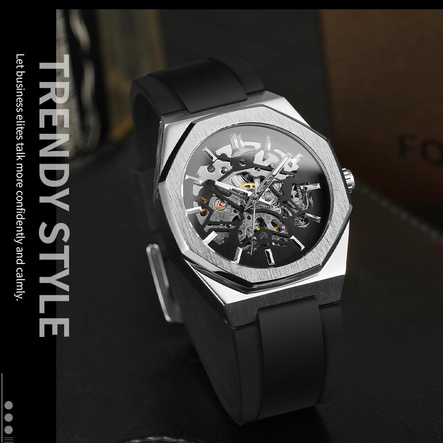 Luxury Brand Forsining Brand Octagon Stainless Steel Skeleton Mechanical Man Watch Automatic Movement Clockwork Silicone Strap