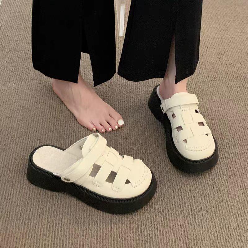 High-value Thick-soled Roman Sandals Women's Summer Baotou Half Slippers 2025 New Beach Cool Slippers Hole Shoes Tide