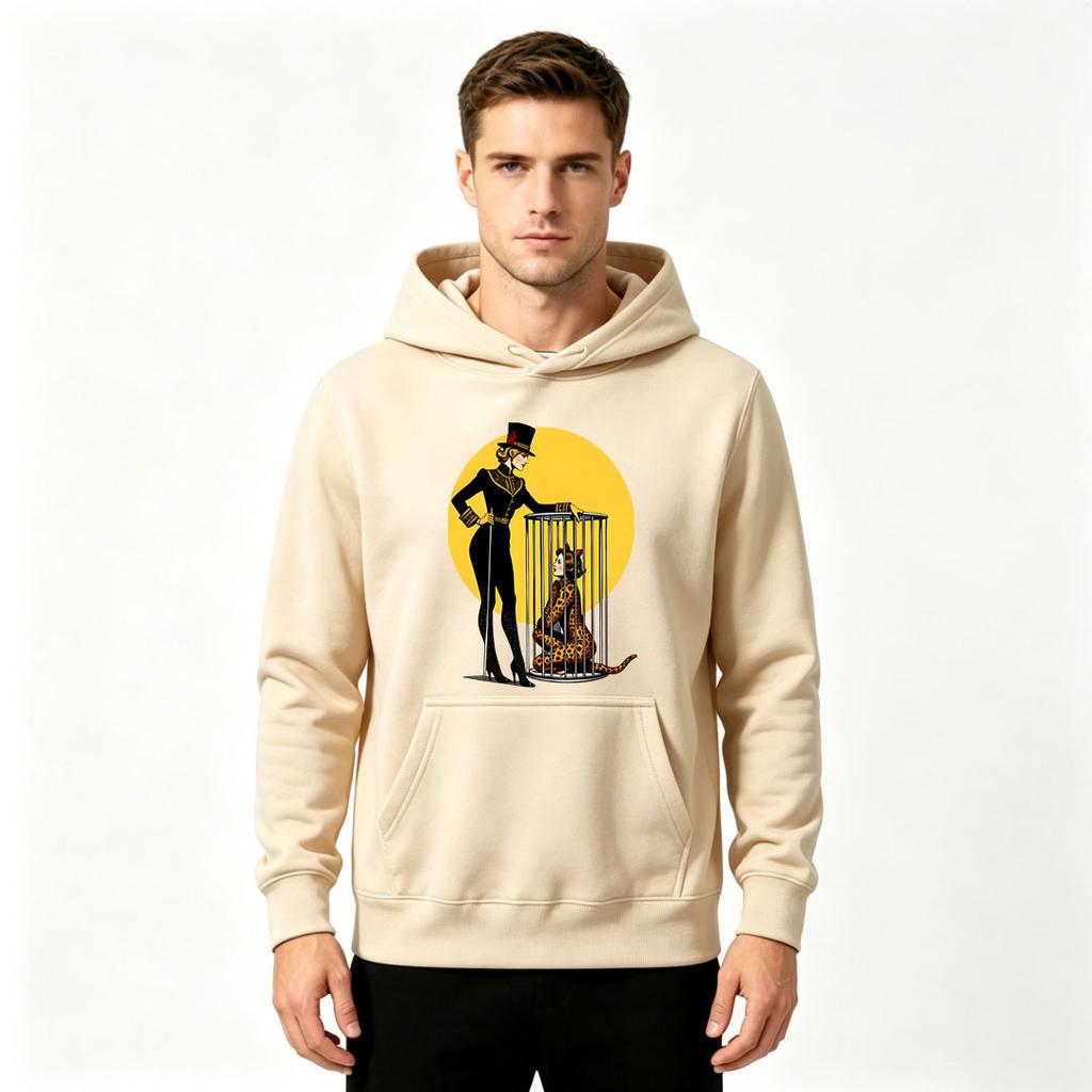 Men's Hoodie, Vintage Circus Tamer Caged Leopard Woman Print Pullover Casual Long Sleeve Hooded Sweatshirt