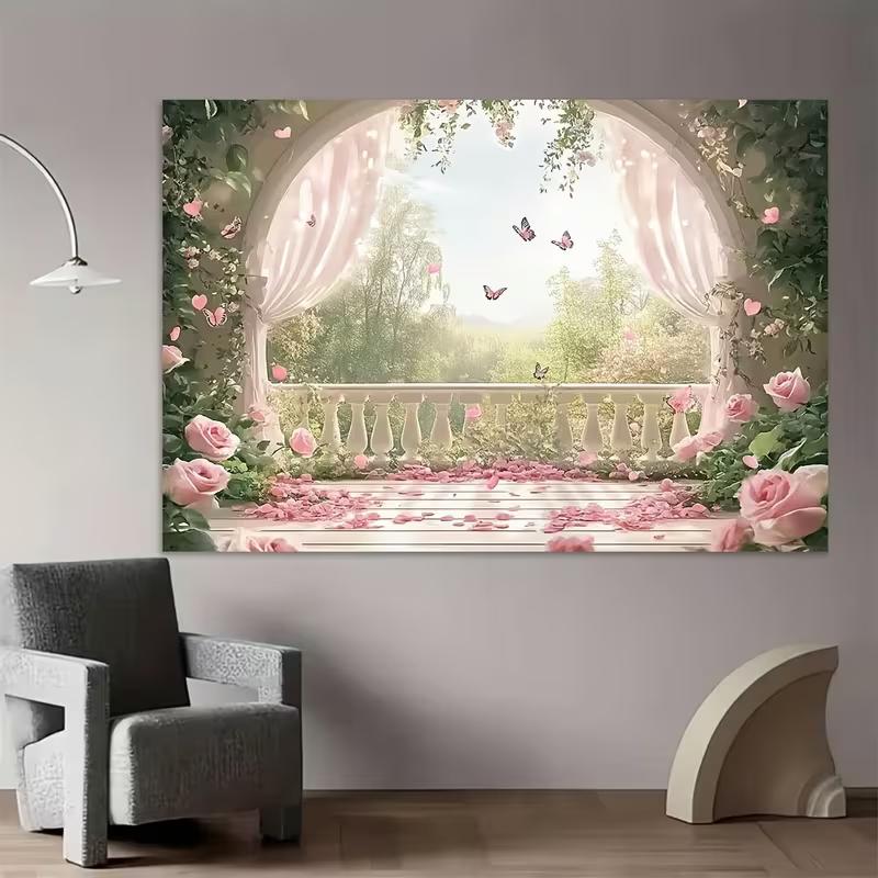 Pink Rose Balcony Tapestry, Romantic Floral Butterfly Background Cloth, Wedding Party Backdrop