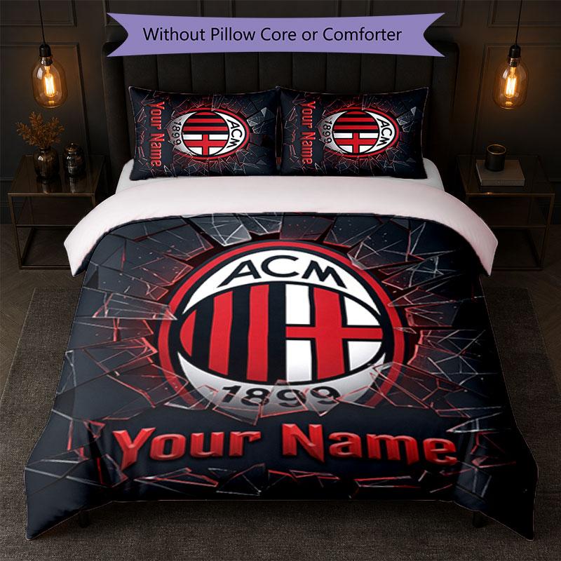 AC Milan Custom Name Text Bedding Set 1 Duvet Cover+2 Pillowcases Soccer Logo Personalized Gift For Special Occasion Bedroom Decor