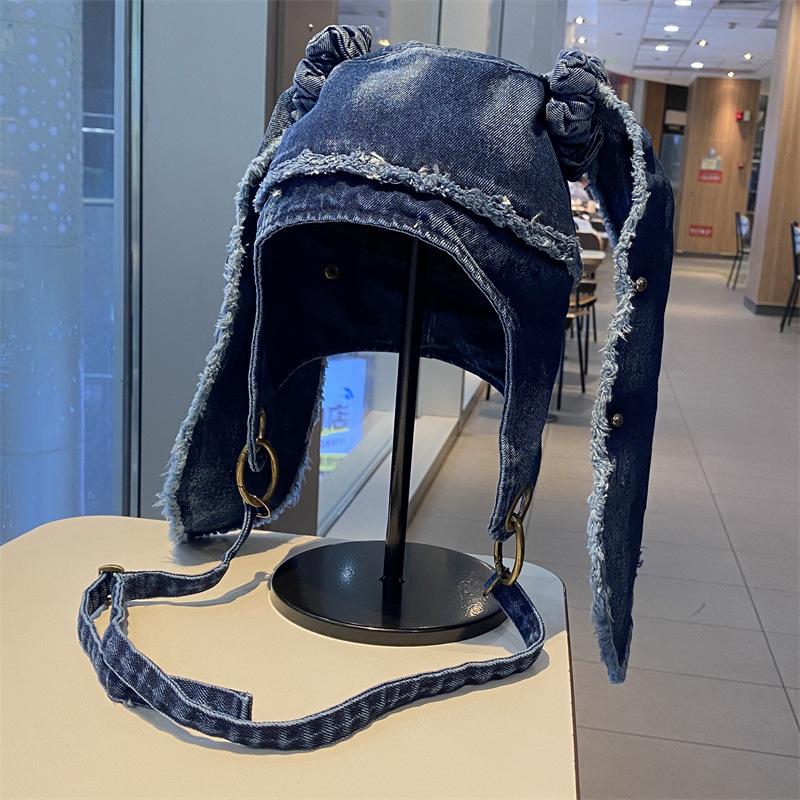 New Spring/Autumn Vintage Washed Rabbit Ear Denim Hat for Women, Japanese Style, Unique Trendy Street Fashion Hat