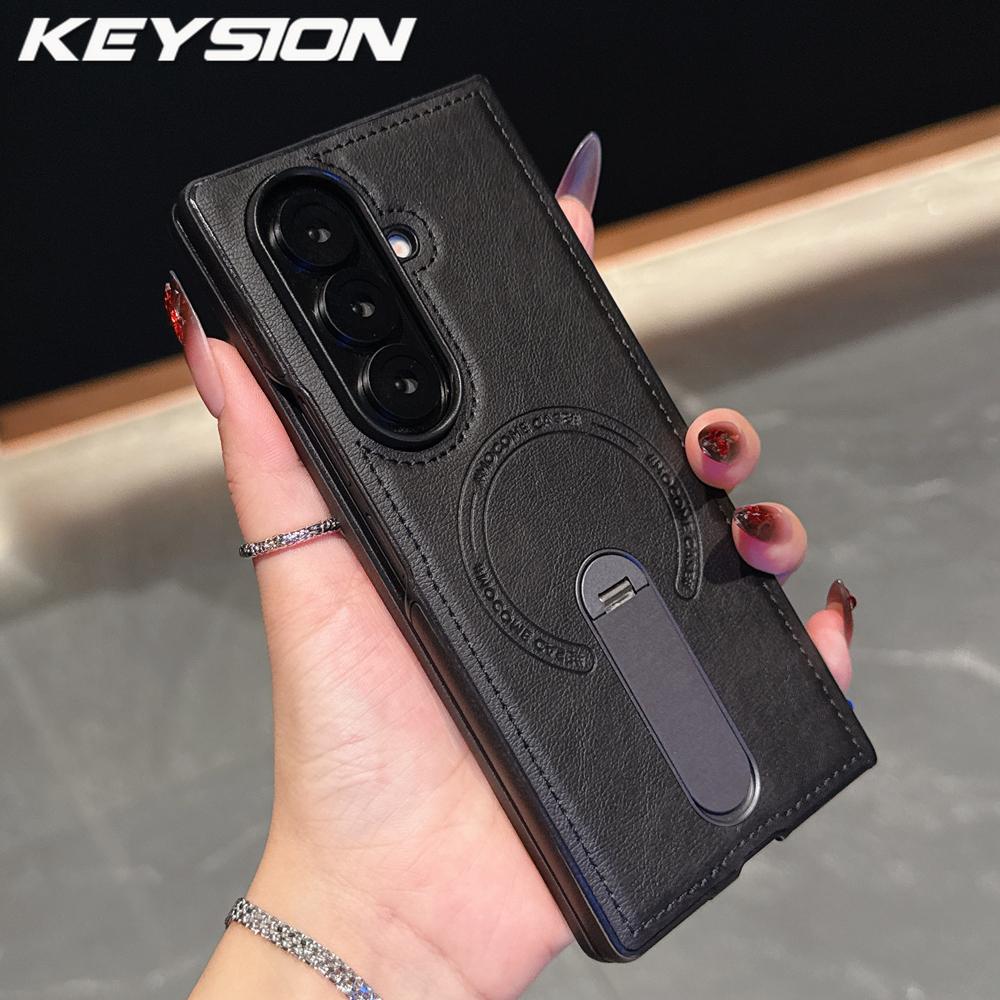 KEYSION Роскошный ретро чехол из ПУ кожи для Samsung Galaxy Z Fold 7 6 5 4 3 5G, вращающаяся на 360° подставка, противоударная задняя крышка для телефона