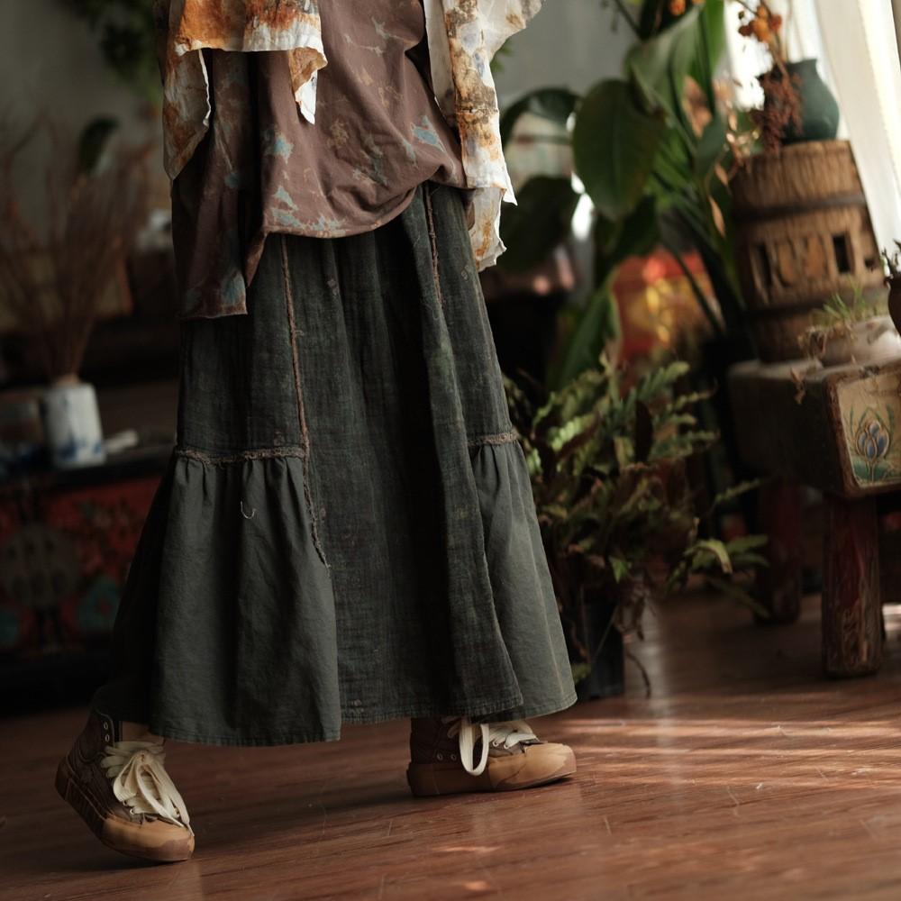 Johnature Women Vintage Green Skirts Elastic Waist Patchwork Loose Autumn Chinese Style Female A-Line Skirts