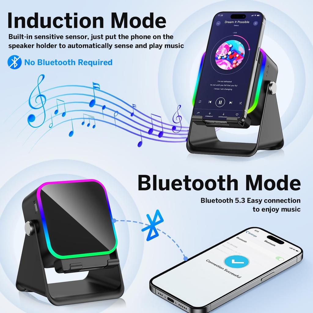 Беспроводная индукционная Bluetooth-колонка 5-в-1 с подставкой для телефона, стереозвуком, аккумулятором 3500 мАч, RGB-подсветкой, держателем на 360° – Подарок для мужчин и женщин