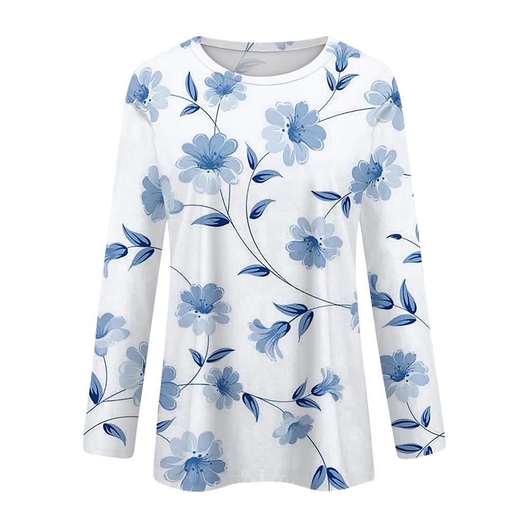 Женская мода повседневный топ с длинным рукавом с цветочным принтом и круглым вырезом
