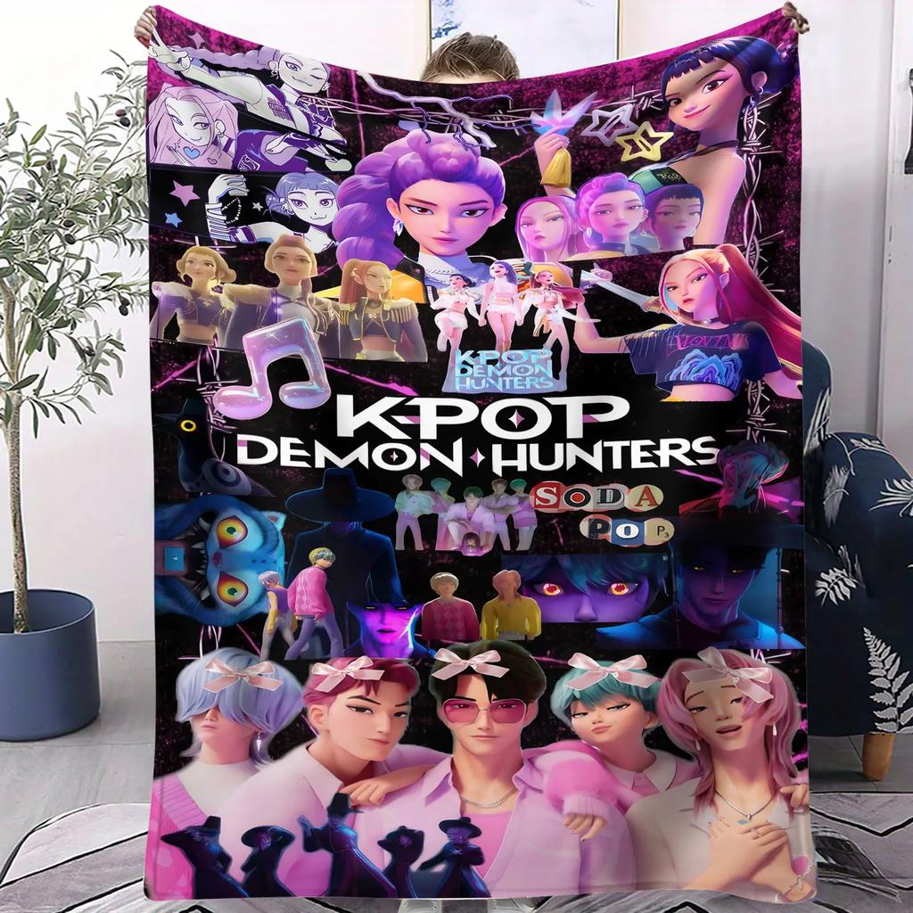 K-POP Demon Hunters Flannel Blanket Soft Warm Throw Character Collage Pattern Sofa Bed Cover Travel Camping Nap Cape Fans Gift