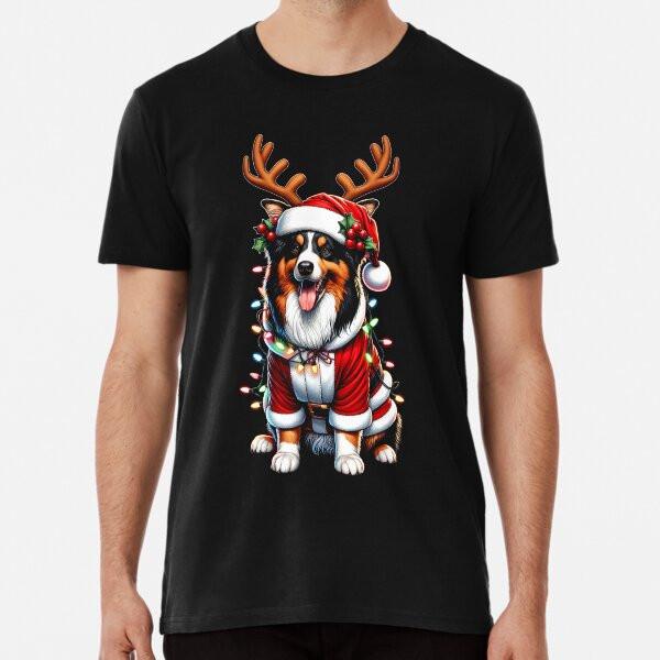 Australian Shepherd Dog Reindeer Light Vintage Ugly Sweater Santa#039;s Hat Xmas TS Unisex T-Shirt