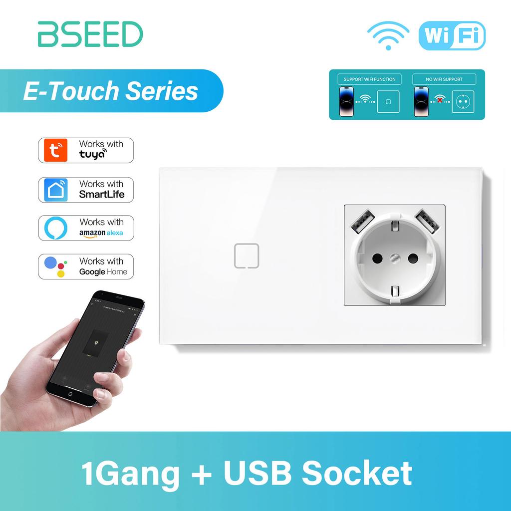 BSEED 1/2/3/4-клавишный сенсорный выключатель WIFI, стеклянный умный настенный выключатель света, сенсорный экран, подсветка, быстрая зарядка телефона, розетка USB C, серия E