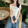 1116 Summer New Korean Version, One-word Collar, Split Hem, Knitted Waist and Thin Top, Small Shirt, Ice-cool Silk
