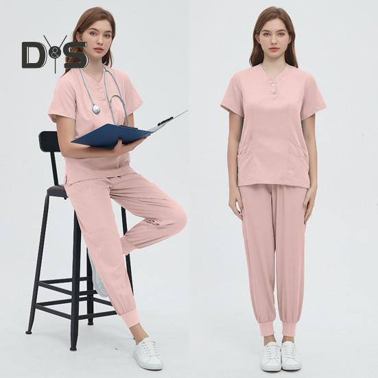 2Pcs/Set Unisex Hospital Uniform Set V-neck Short Sleeve Pockets Tops Elastic Waist Pants Set Quick Drying Hospital Dental Nursing Scrubs Uniforms