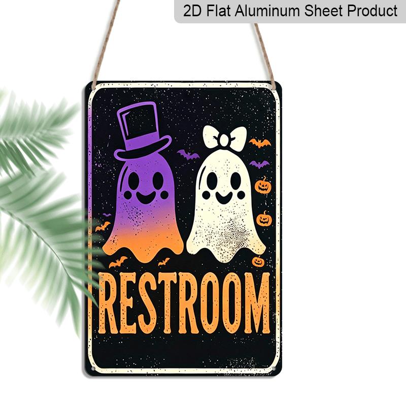 2D Flat, Halloween Restroom Sign - Cute Ghosts with Top Hat & Bow - Rustic Aluminum Bathroom Decor - 8x12 Inches - for Haunted House, Party, Home