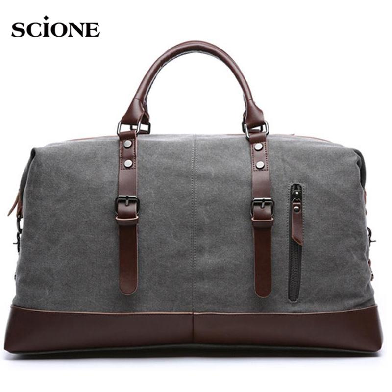 SCIONE Canvas Leather Travel Carry On Luggage Duffel Travel Tote Large Weekend Overnight Male Bag