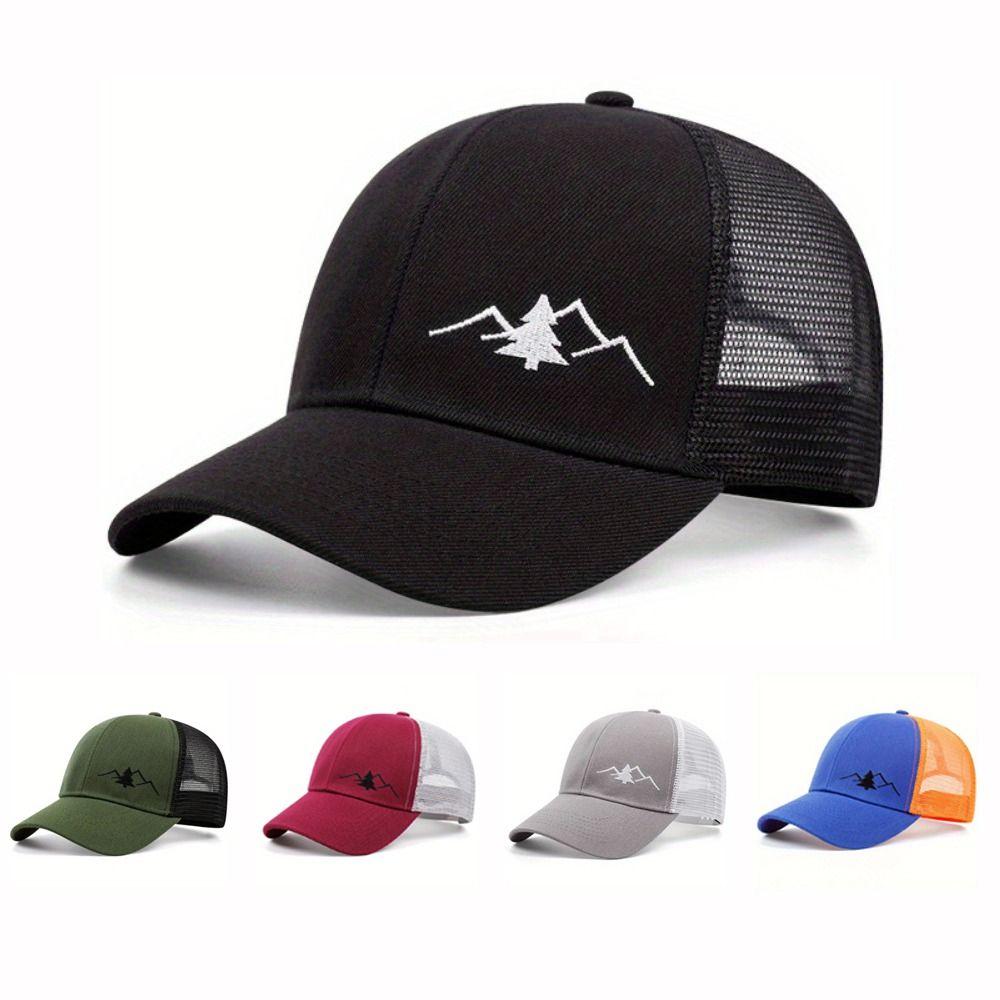 Mountain Embroidery Mesh Cap Adjustable Fit Sun Shading Hat Breathable Hat Unisex Wear
