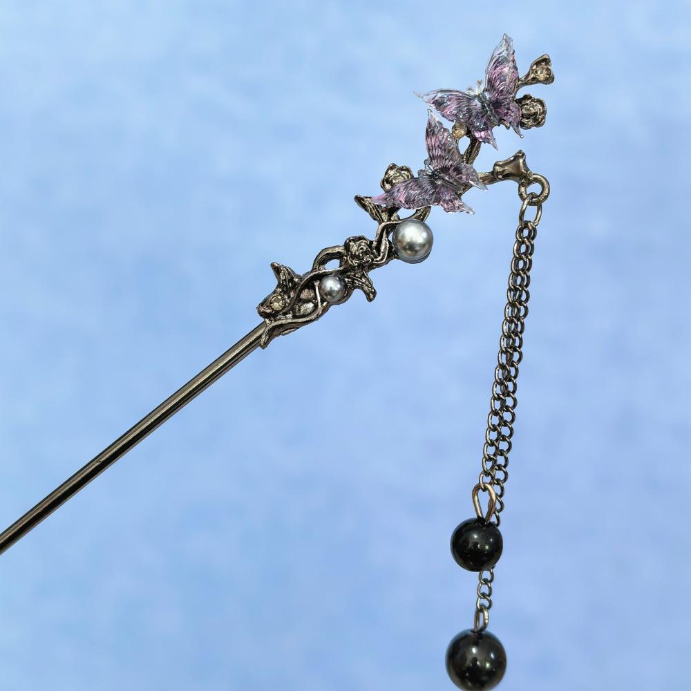 Classic Hair Stick Chopsticks Flower Metal Fringe Hairpin For Women Pearl Black Beads Cheongsam Hair Bun Hair Accessories