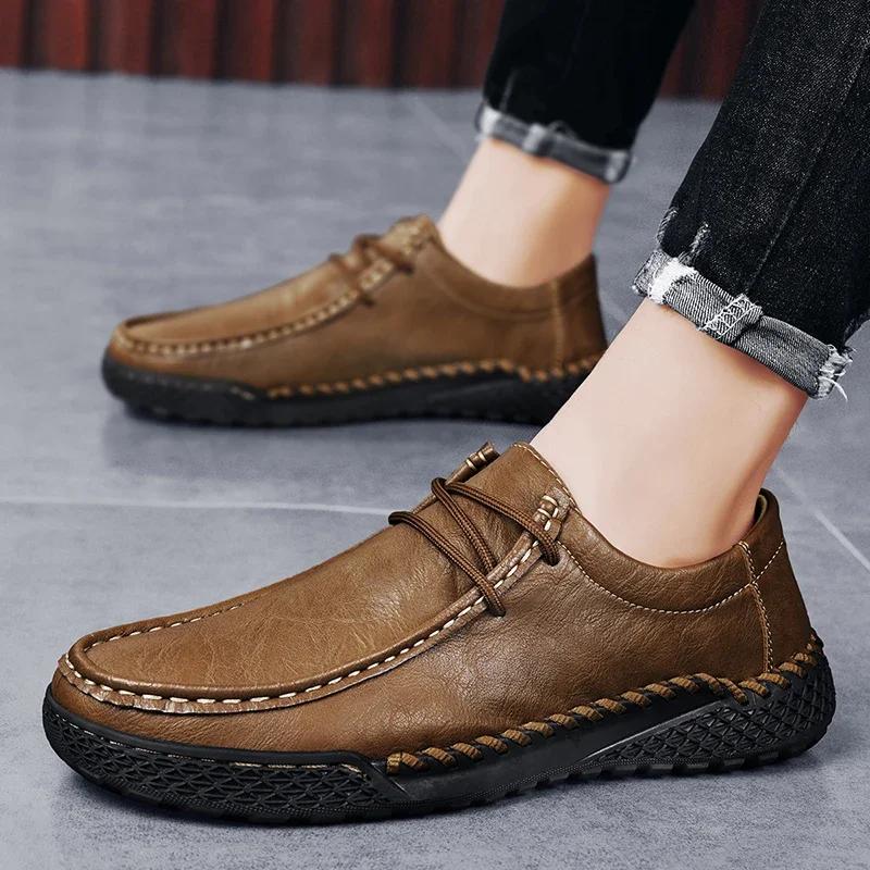 High Quality Handmade Leather Shoes for Men Soft Flat Lace-up Casual Leather Comfortable Designer Loafers Mens Zapatillas Hombre
