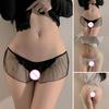 Women Thong Mesh Lace Bow Decor Spaghetti Strap Open Crotch Solid Color Low Waist Seductive Elastic Hot Lady G-string Panties Underwear