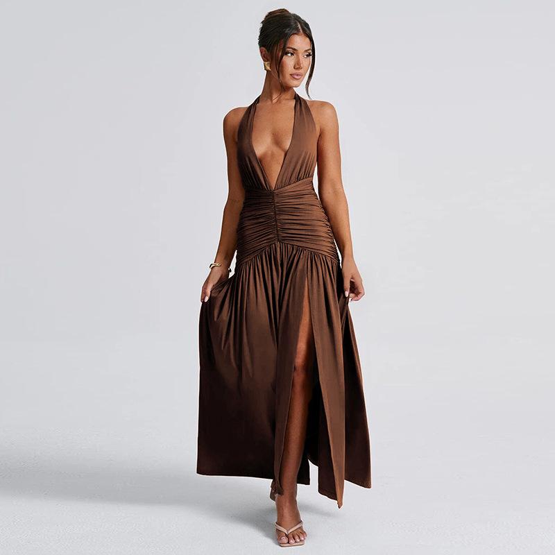 Summer New Women's Clothing Temperament Halter Neck V-neck Long Skirt Sexy Slit Pleated Backless Dress
