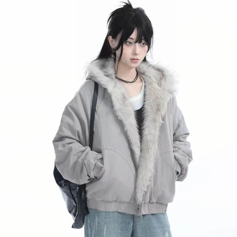 Winter Elegant Liner Fur Loose Coat Women Y2k Fur Collar Hood Thick Fashion Parkas Casual Outerwear Cotton Padded Jackets