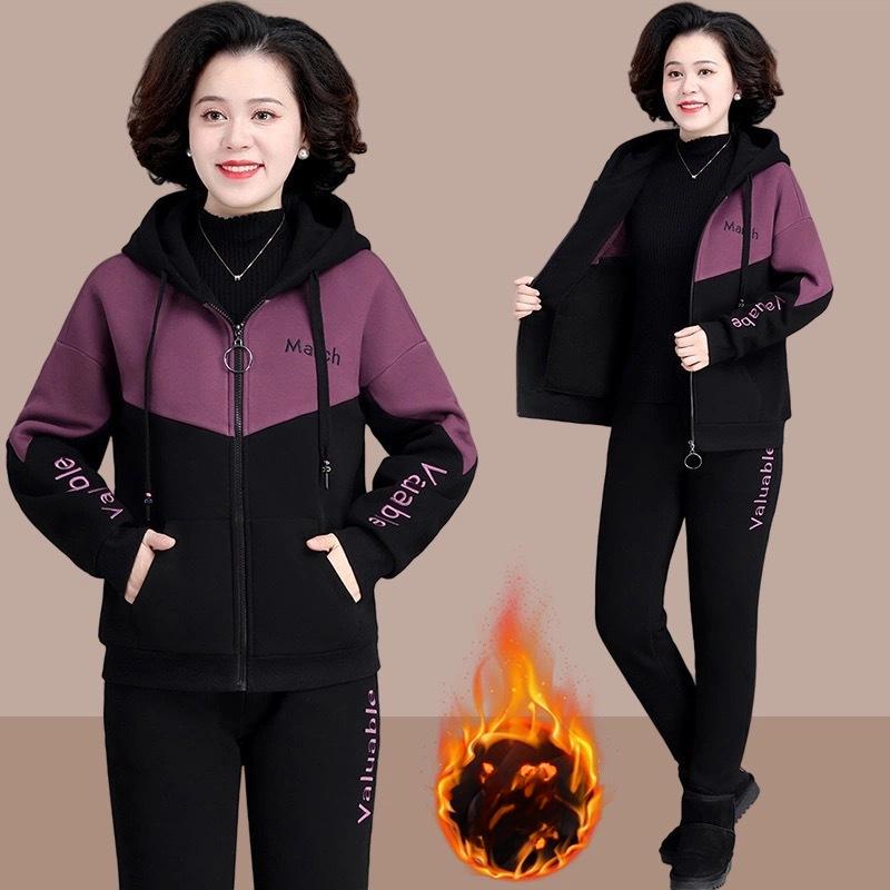 Plus Size Winter Warm 2 Pieces Sets Hooded Plush Lined Tracksuit High Waist Harem Pants Suit Plush Lined Thick Jogger Woman Outfit