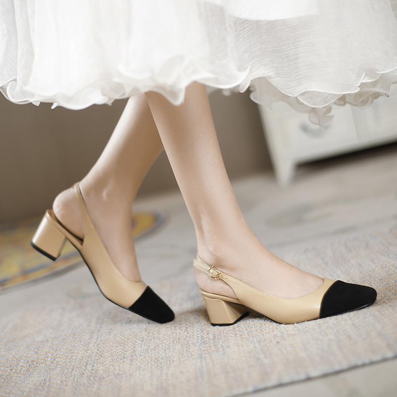 Мода Роскошь Абрикосовый/Черный Смешанный Цвет Сандалии Женские Слингбэк Ремешок на Щиколотке Туфли Дамские Средне-Высокие Каблуки Сандалии Офисное Платье Каблуки