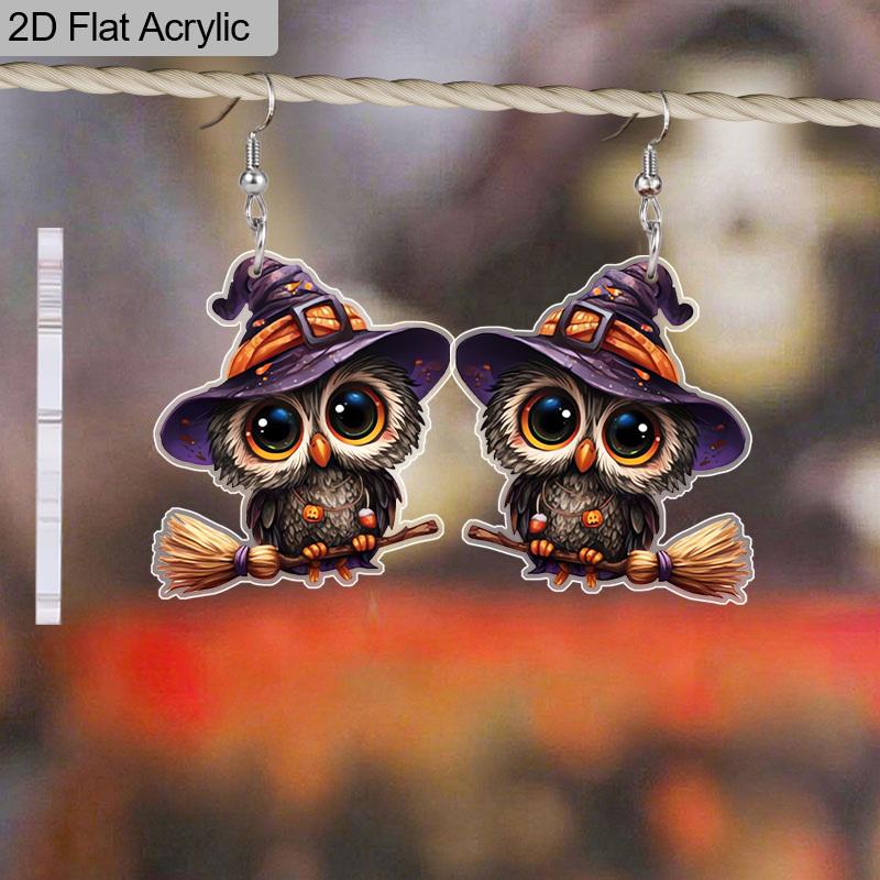 2D Flat Cute Acrylic Witch Hat Broom Owl Hanging Earrings Ladies Halloween Accessories Charm Jewelry Gifts