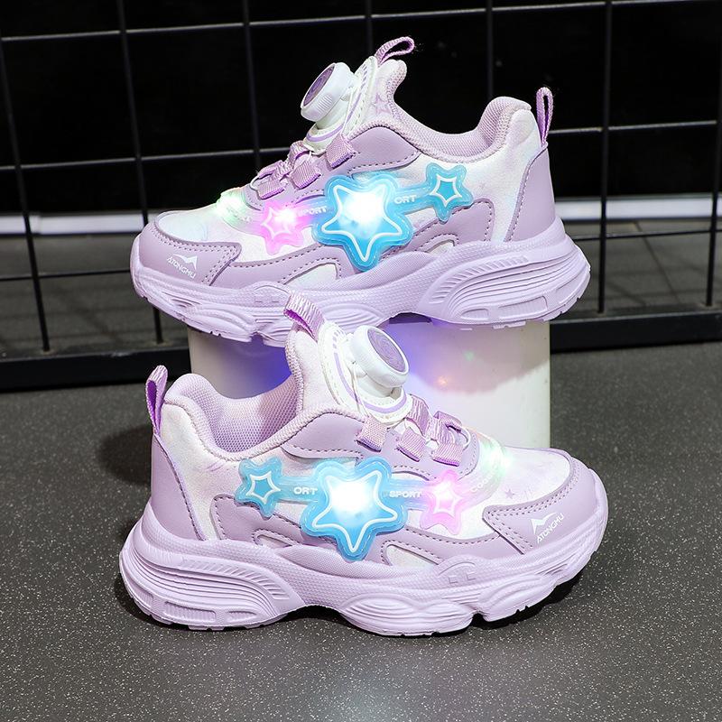 Girls' light-up shoes, new button shoes, children's spring and autumn girls' sneakers, solid-soled princess dad shoes