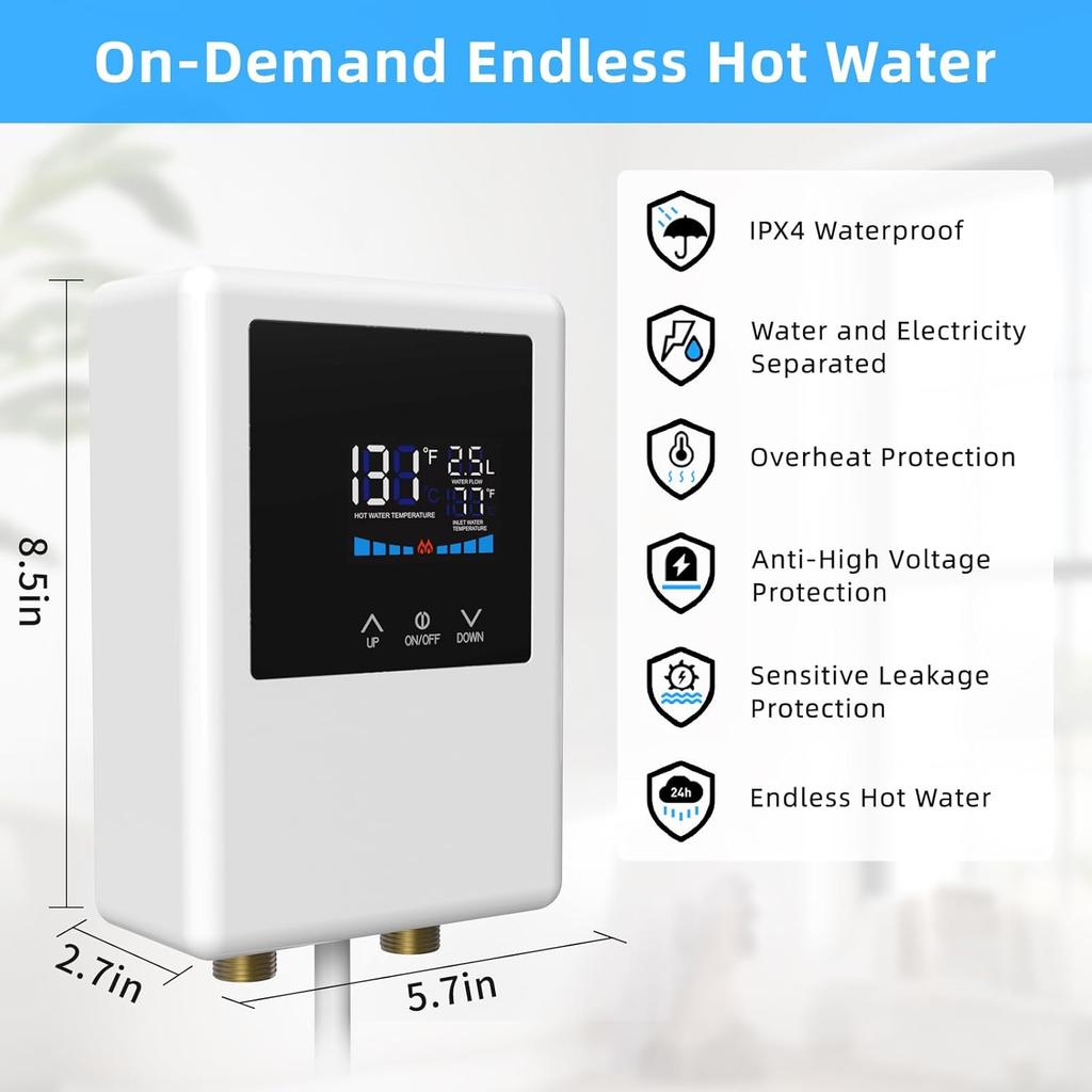 Проточный водонагреватель электрический 110В, 5500Вт мгновенный нагрев воды с пультом дистанционного управления и ЖК-сенсорным экраном, саморегулирующийся, защита от перегрева