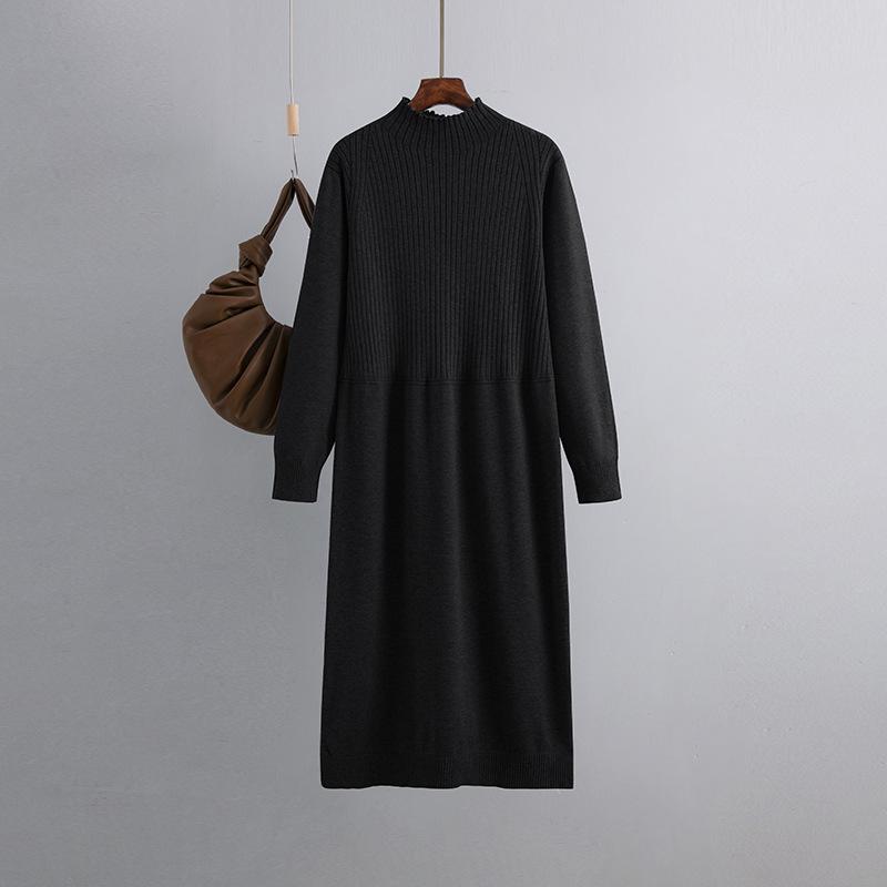 Осенне-зимнее полувысокое шерстяное платье с длинным рукавом и длинными рукавами длиной до колена трикотажное платье большого размера