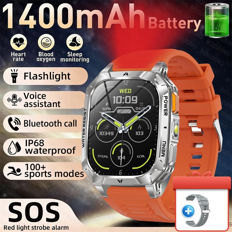 Rugged Outdoor Smart Watch 1400mAh 2.01" HD Screen Bluetooth Call GPS IP68 Waterproof Flashlight SOS Fitness Watch for Men