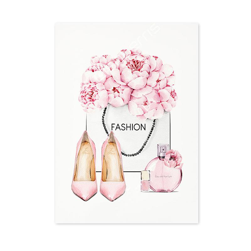 Современное искусство Цветочные женские туфли на высоком каблуке Картина на холсте Минималистичные модные постеры и принты Настенное искусство для украшения комнаты для девочек