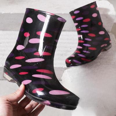 Женские резиновые сапоги средней высоты с кристаллами и цветочным узором в горошек - утолщенная резина, прозрачная подошва, водонепроницаемые, для использования на кухне