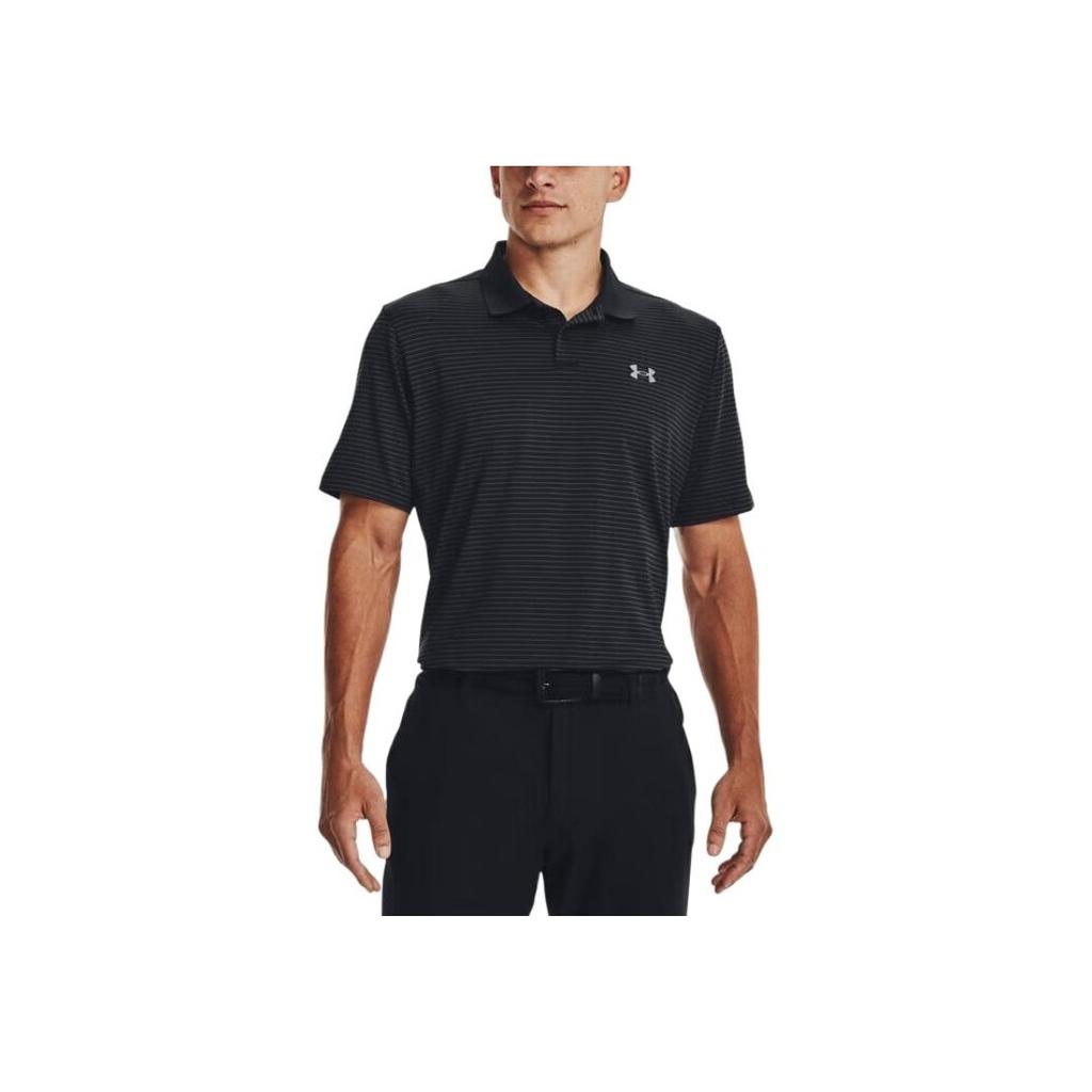 Under Armour Solid Color Button Striped Short Sleeve Polo Shirt Men Tops Black 1377376-001